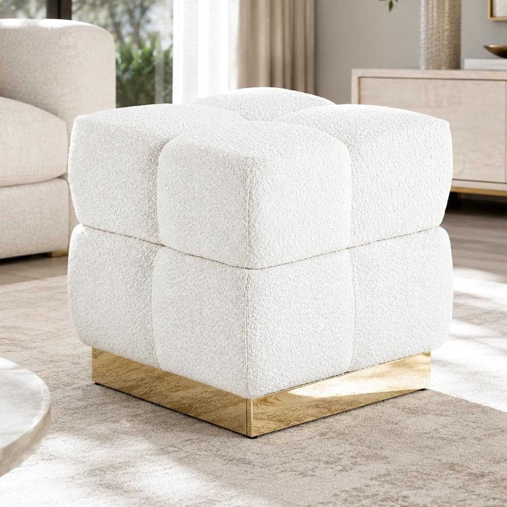 Boucle Storage Ottoman Stool — White