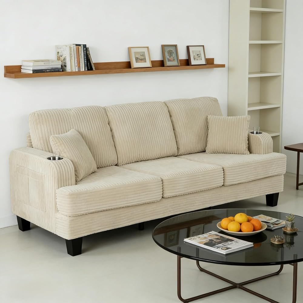 84" Corduroy Chenille Sofa with USB Charging Ports — Beige